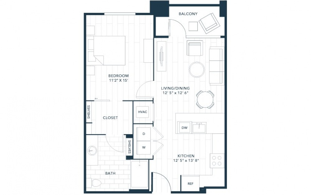 A4 729 sq. ft one bedroom one bath 2D floorplan